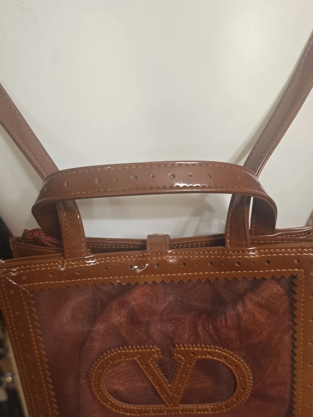 Valentino Garavani Brown Leather & Mesh Top Handle Backpack - Picture 3 of 16
